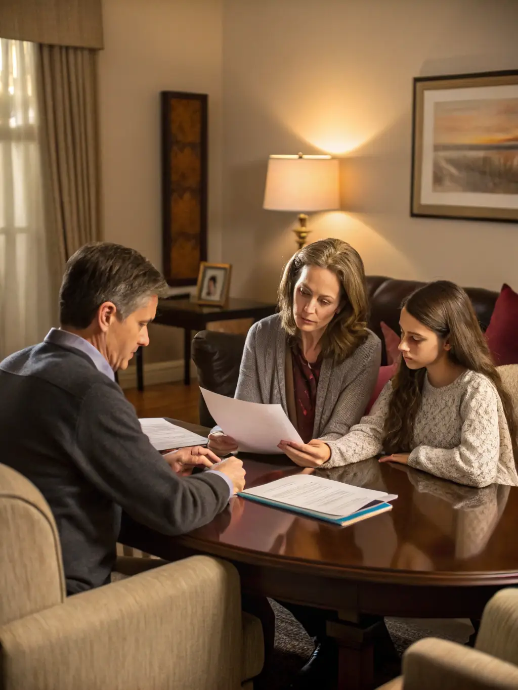 A family discussing financial plans with a consultant, emphasizing inheritance tax planning.