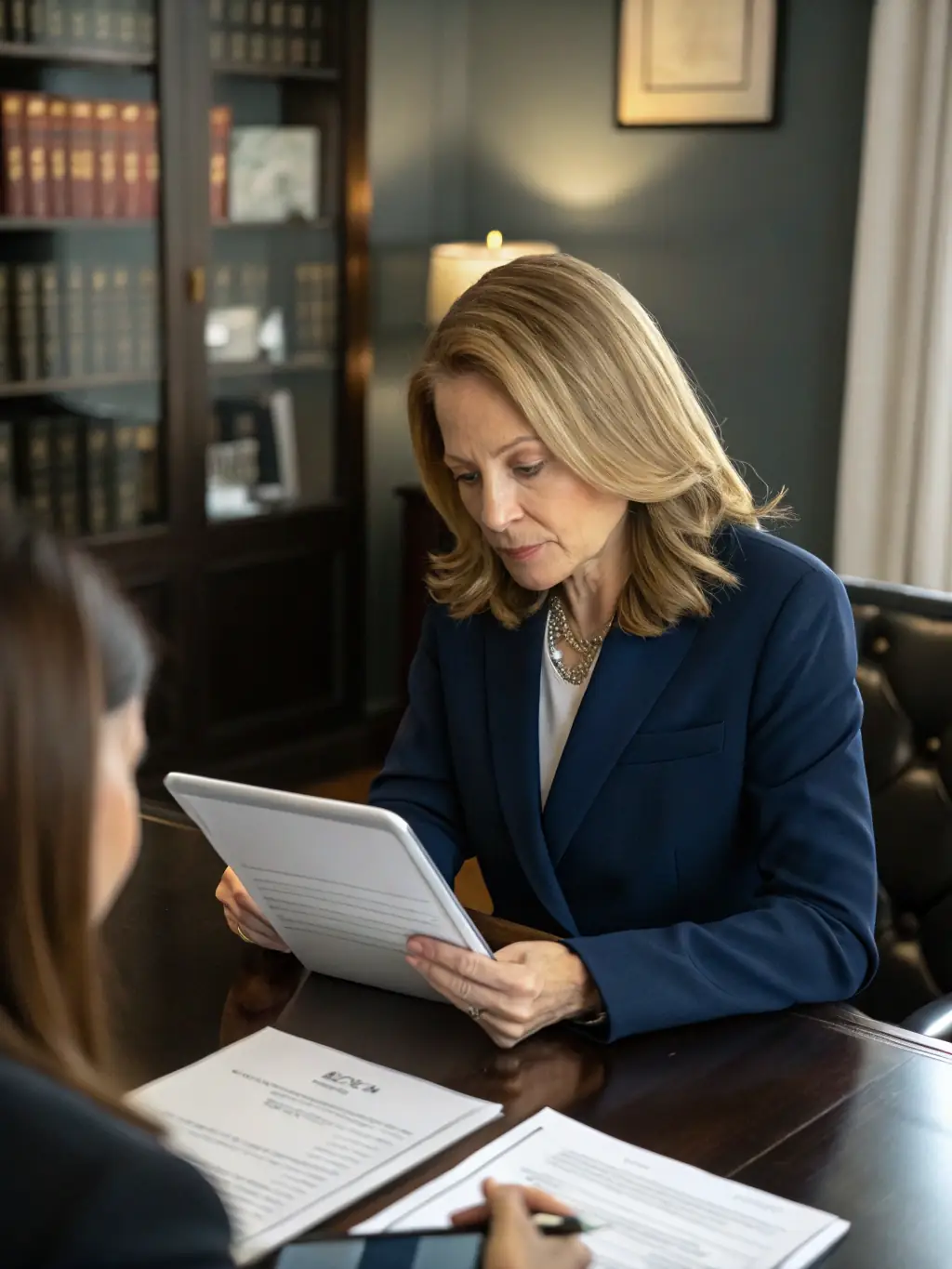 A professional advisor reviewing financial documents with a client in a modern office setting, focusing on tax planning.