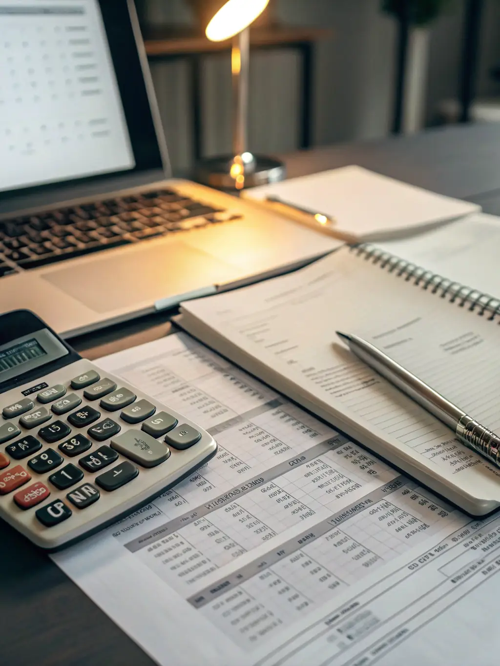 A close-up shot of a calculator with financial documents in the background, symbolizing tax calculations and planning.